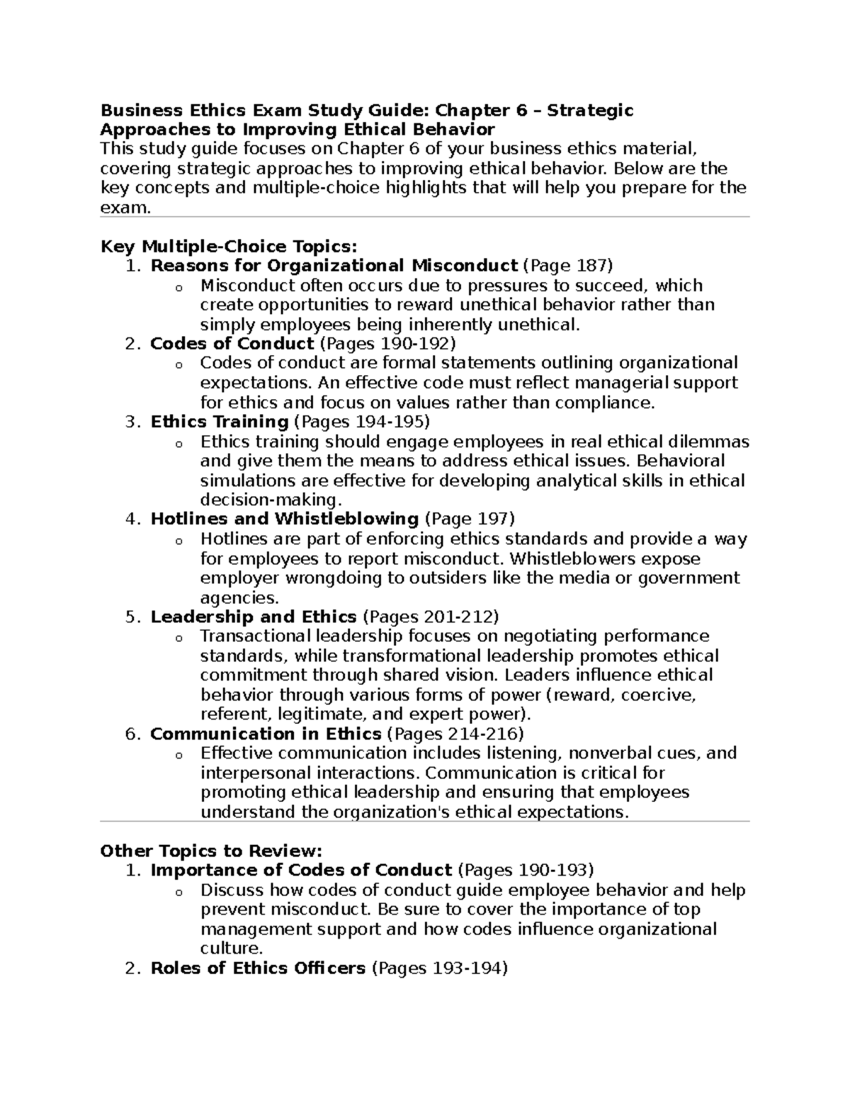Business Ethics Exam Study Guide: Chapter 6 – Enhancing Ethical ...