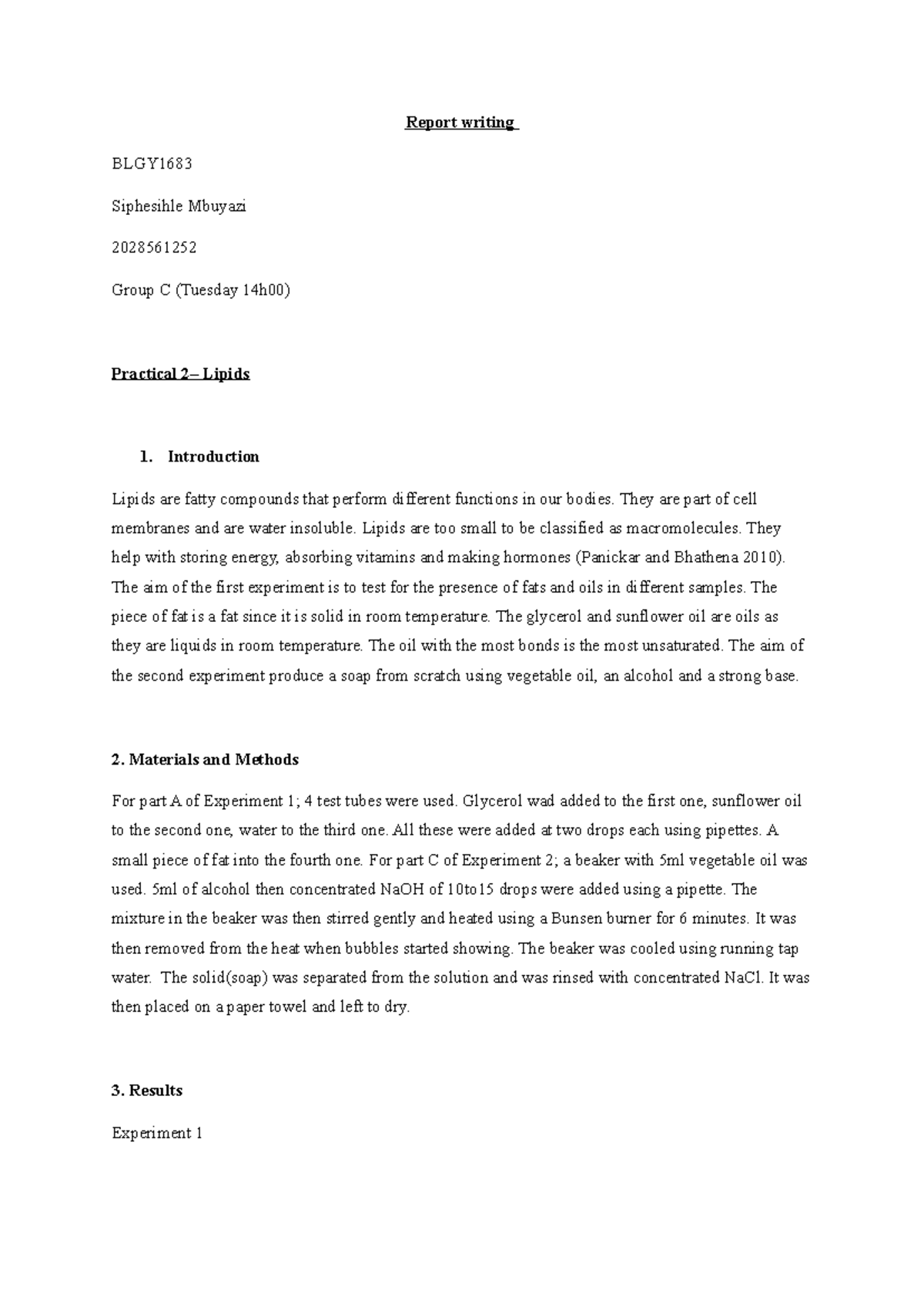 BLGY1683 Practical 2 Report: Lipid Analysis and Soap Production - Studocu