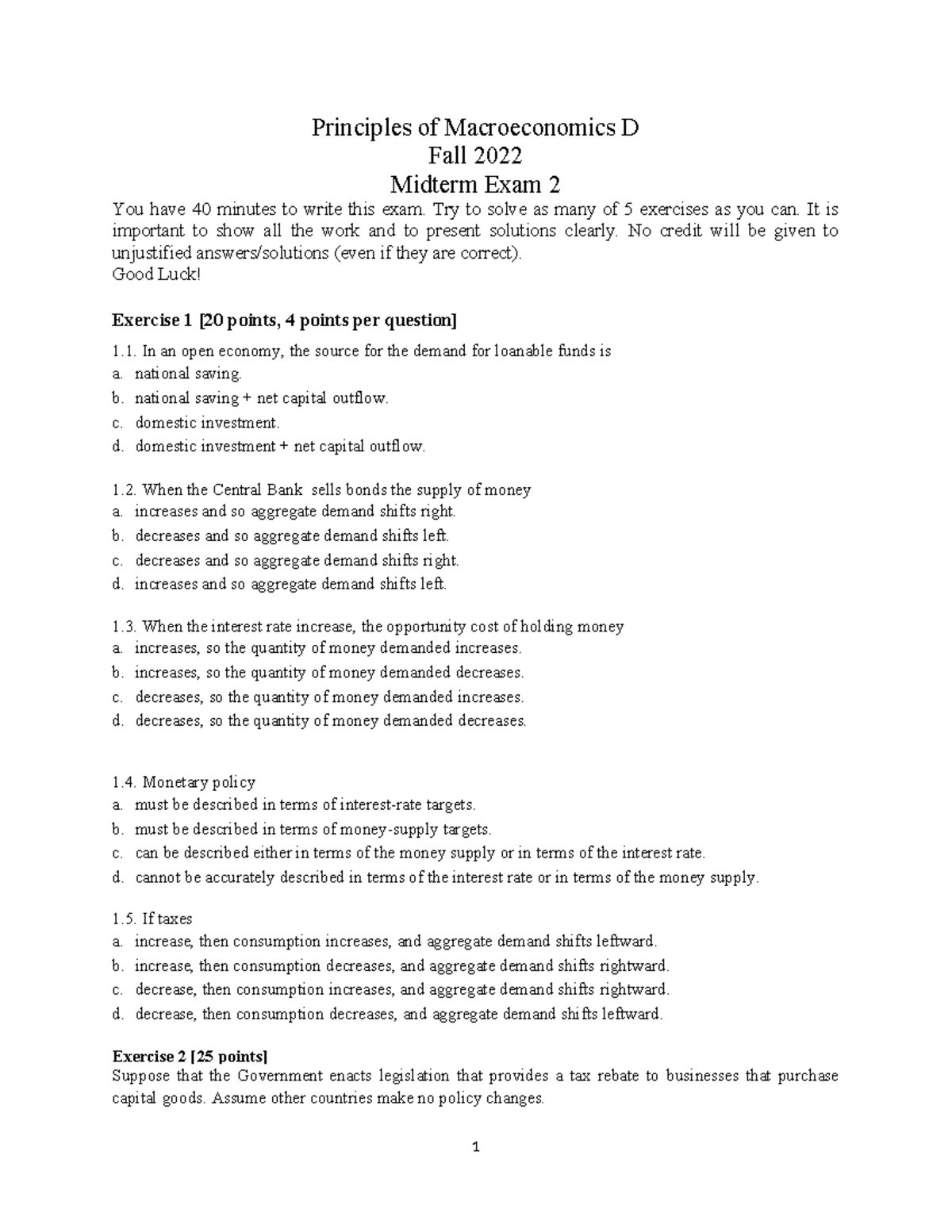 Midterm Exam 2 Review Questions for ECON122 D - Studocu