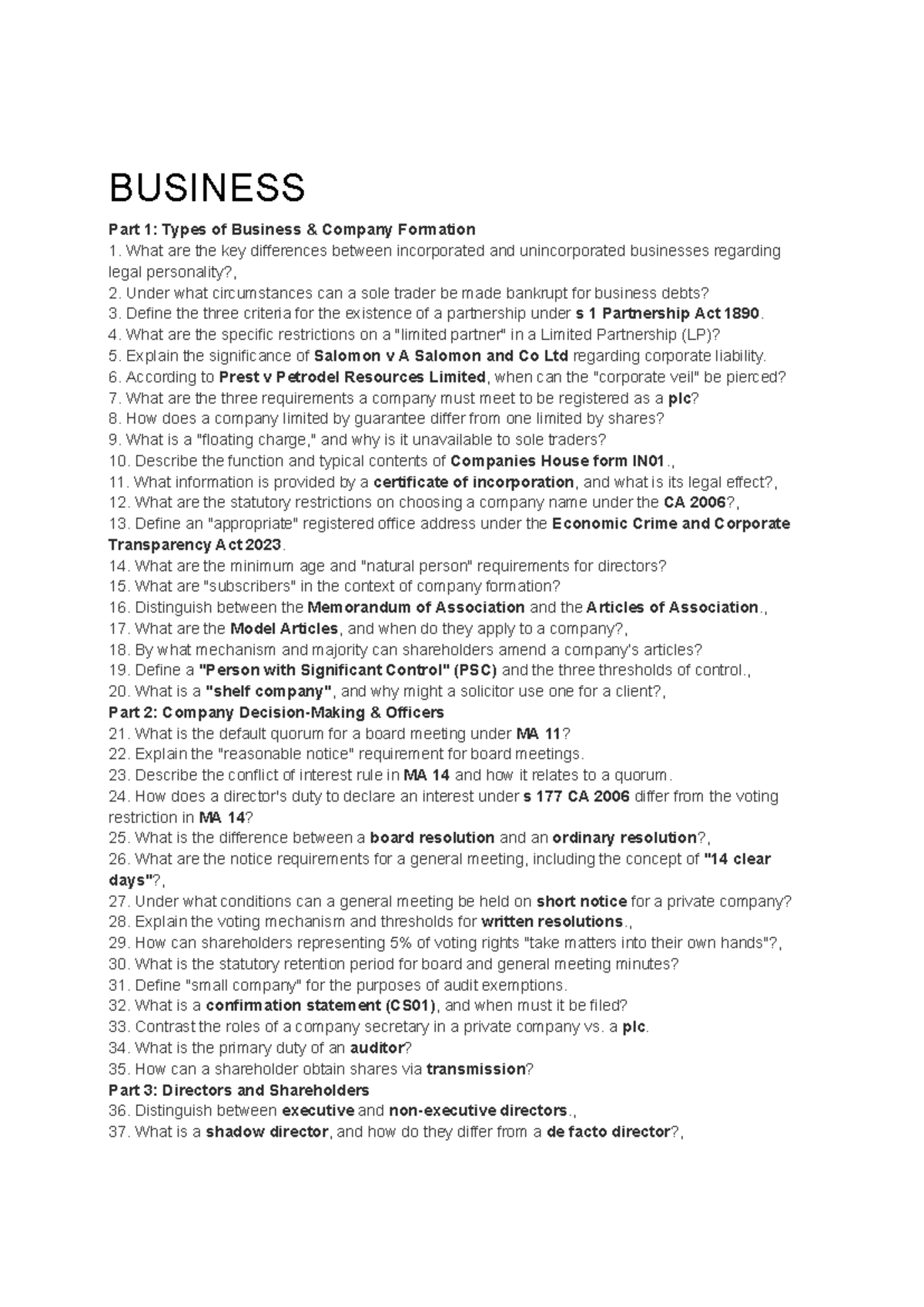 BUSINESS SQE2: Comprehensive Q&A on Company Law and Formation - Studocu