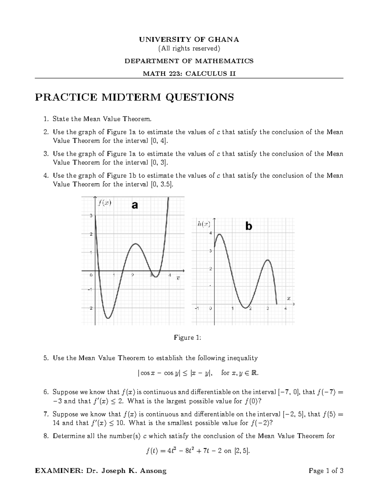 MATH 223: Calculus II Practice Midterm Questions by Dr. Ansong - Studocu