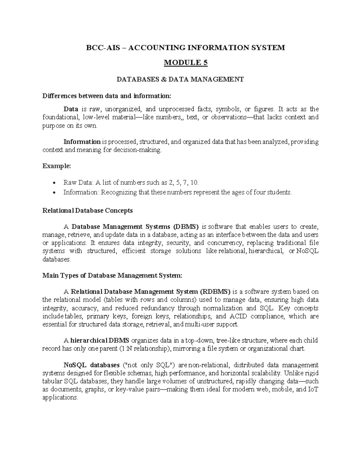 Accounting IS Mod 5 - Databases & Data Management Insights - Studocu