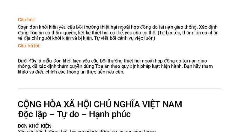 Mẫu Đơn Khởi Kiện Bồi Thường Thiệt Hại Giao Thông (Tòa án Bình Thạnh) - Document Preview