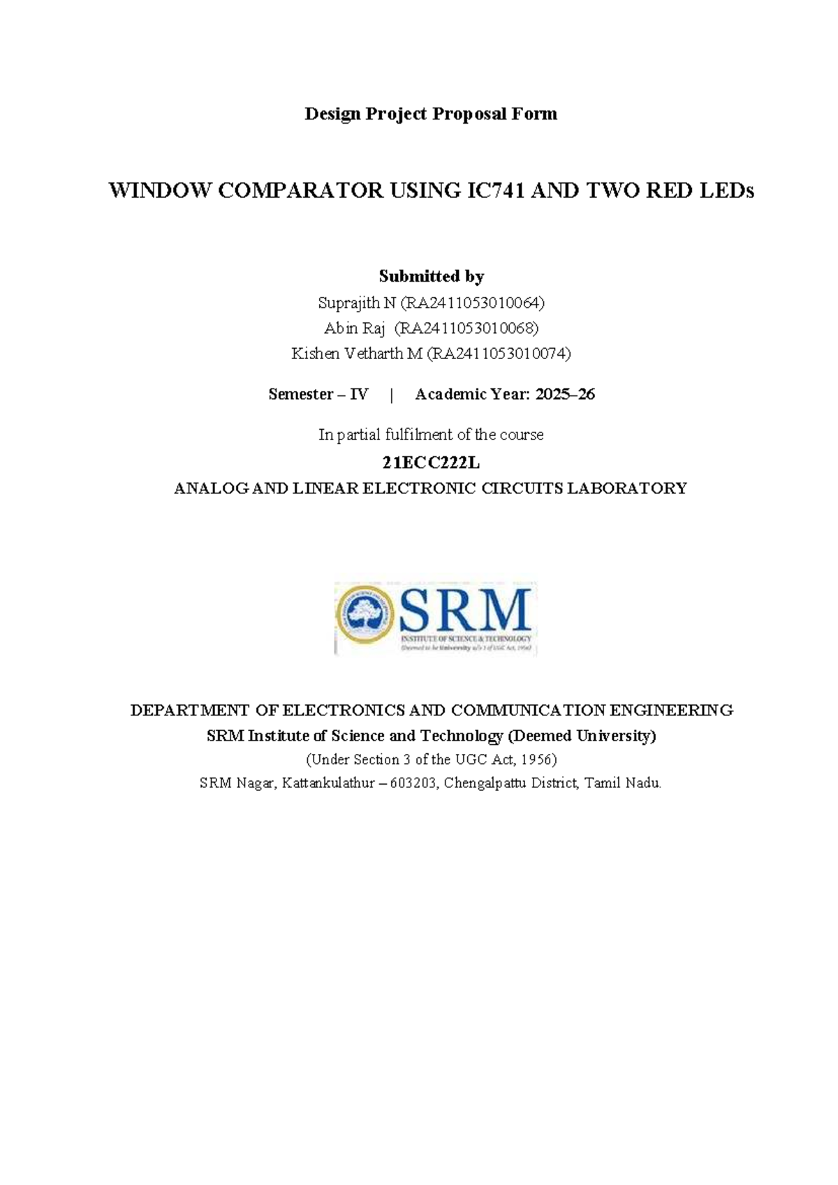 Window Comparator Circuit Design Report for Analog and Linear ...