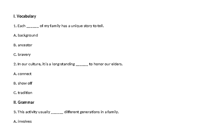Unit 3 - Vocabulary and Grammar Practice on Family and Culture - Studocu