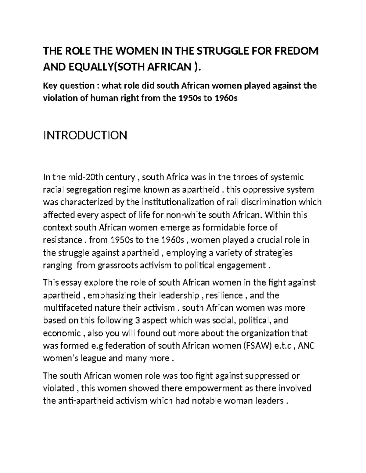 The Role of South African Women in the Fight Against Apartheid (HIST ...