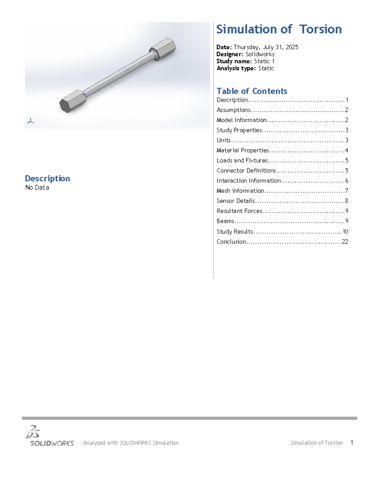 Static 1 Analysis of Torsion Using SOLIDWORKS Simulation - Studocu