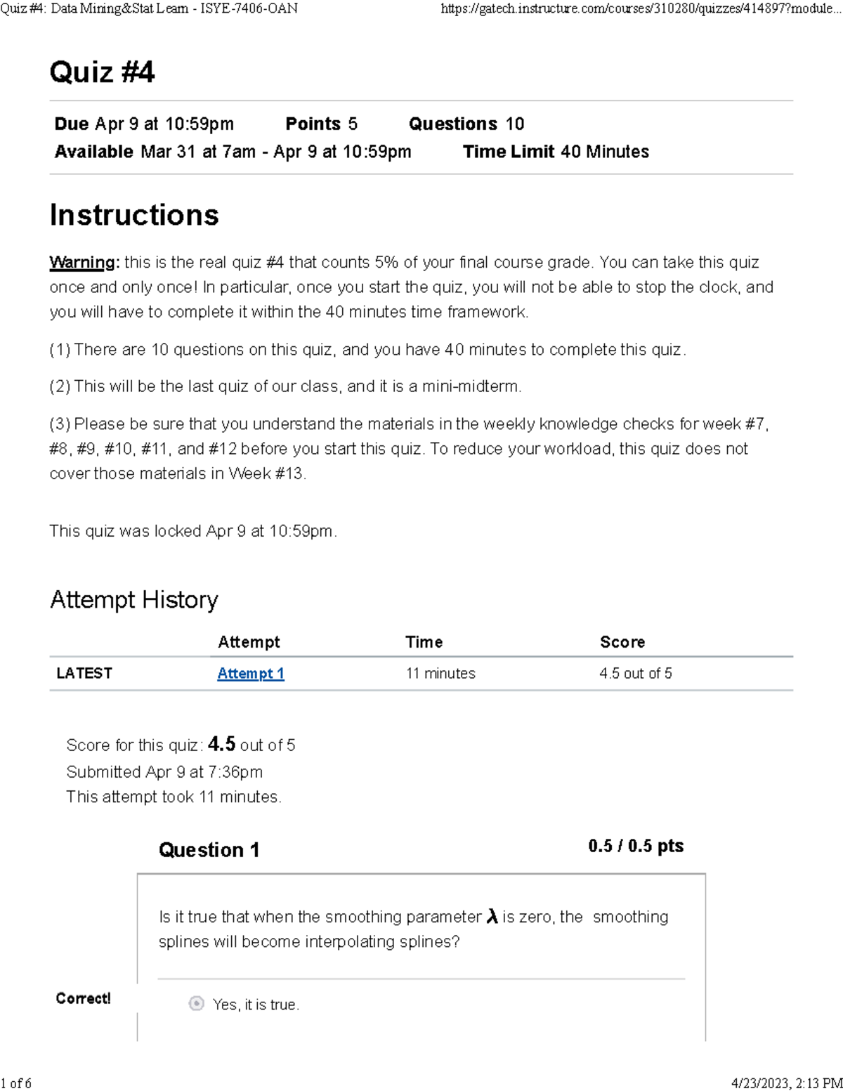 Quiz 4 Data Mining - Stat Learn ISYE 7406 OAN - Studocu