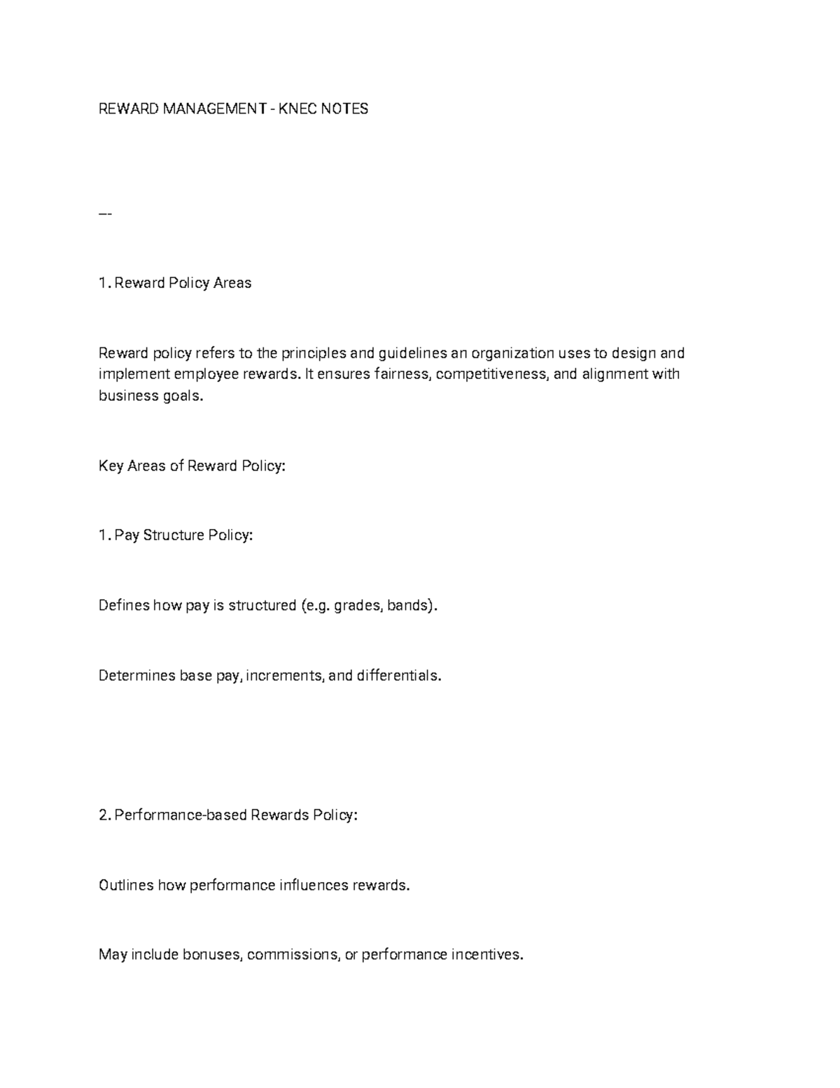 KNEC Reward Management Notes: Policies, Packages, and Evaluation - Studocu