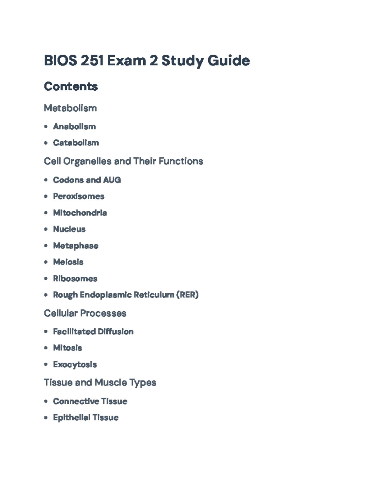 BIOS 251 Final Exam Study Guide: Metabolism, Cell Functions & Genetics ...