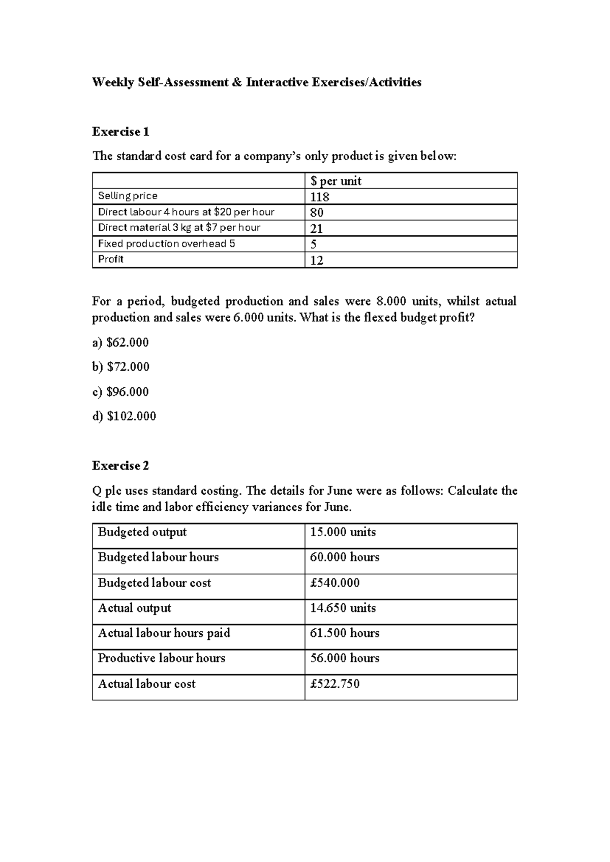 Weekly Interactive Exercise 1: Standard Costing & Variance Analysis ...