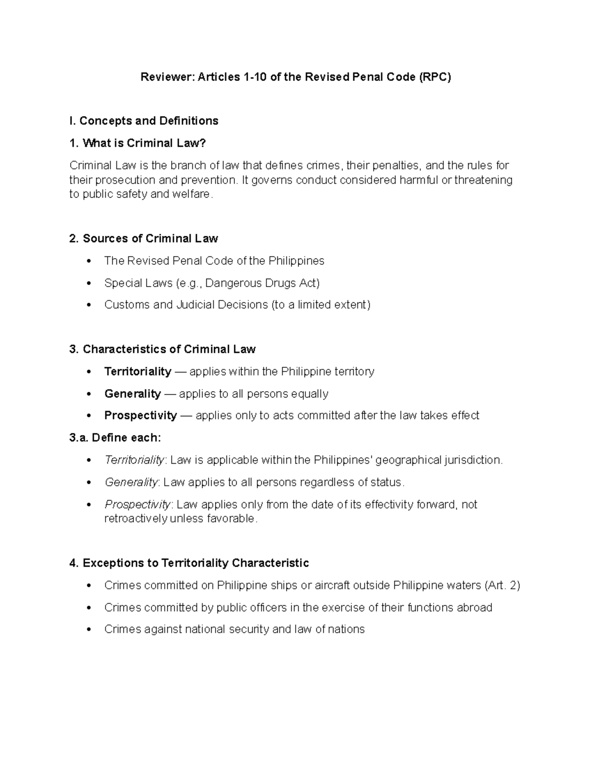 RPC I: Concepts & Definitions in Criminal Law Review - Studocu