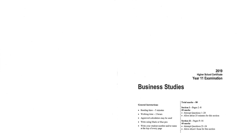 2019 HSC Year 11 Business Studies Exam Paper - Total Marks 80 - Studocu