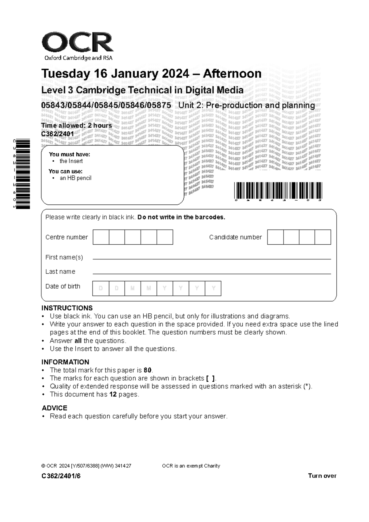 OCR Level 3 Cambridge Technical in Digital Media Unit 2: Pre-Production ...