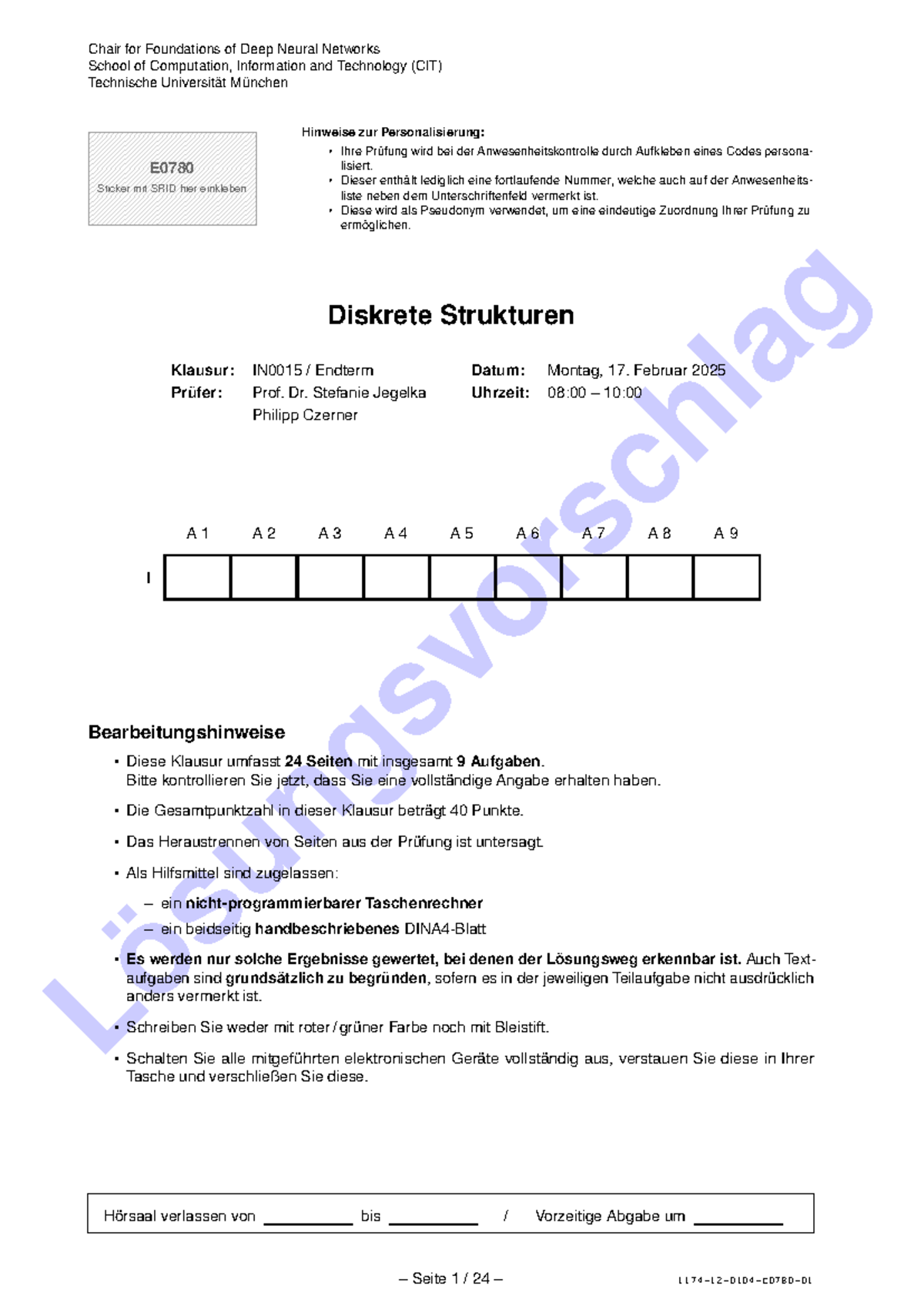 DS (Diskrete Strukturen) - IN0015 - Endterm Klausur Lösungen - Document Preview