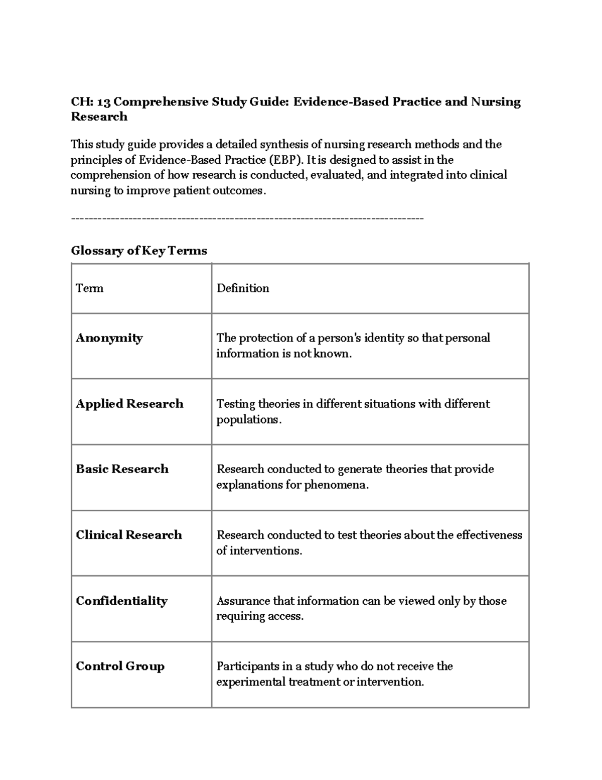 CH 13 Study Guide: Evidence-Based Practice & Nursing Research - Studocu