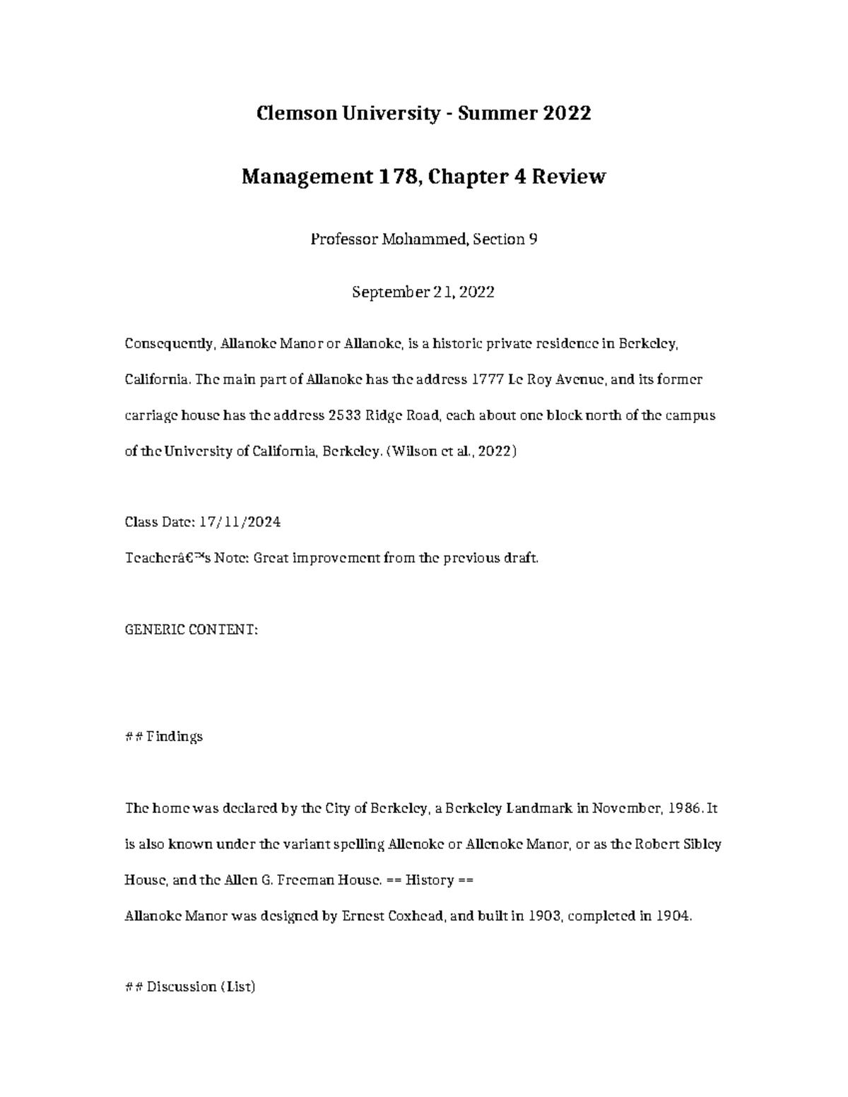 Management 178 Chapter 4 Review - Clemson University - Summer 2022 ...
