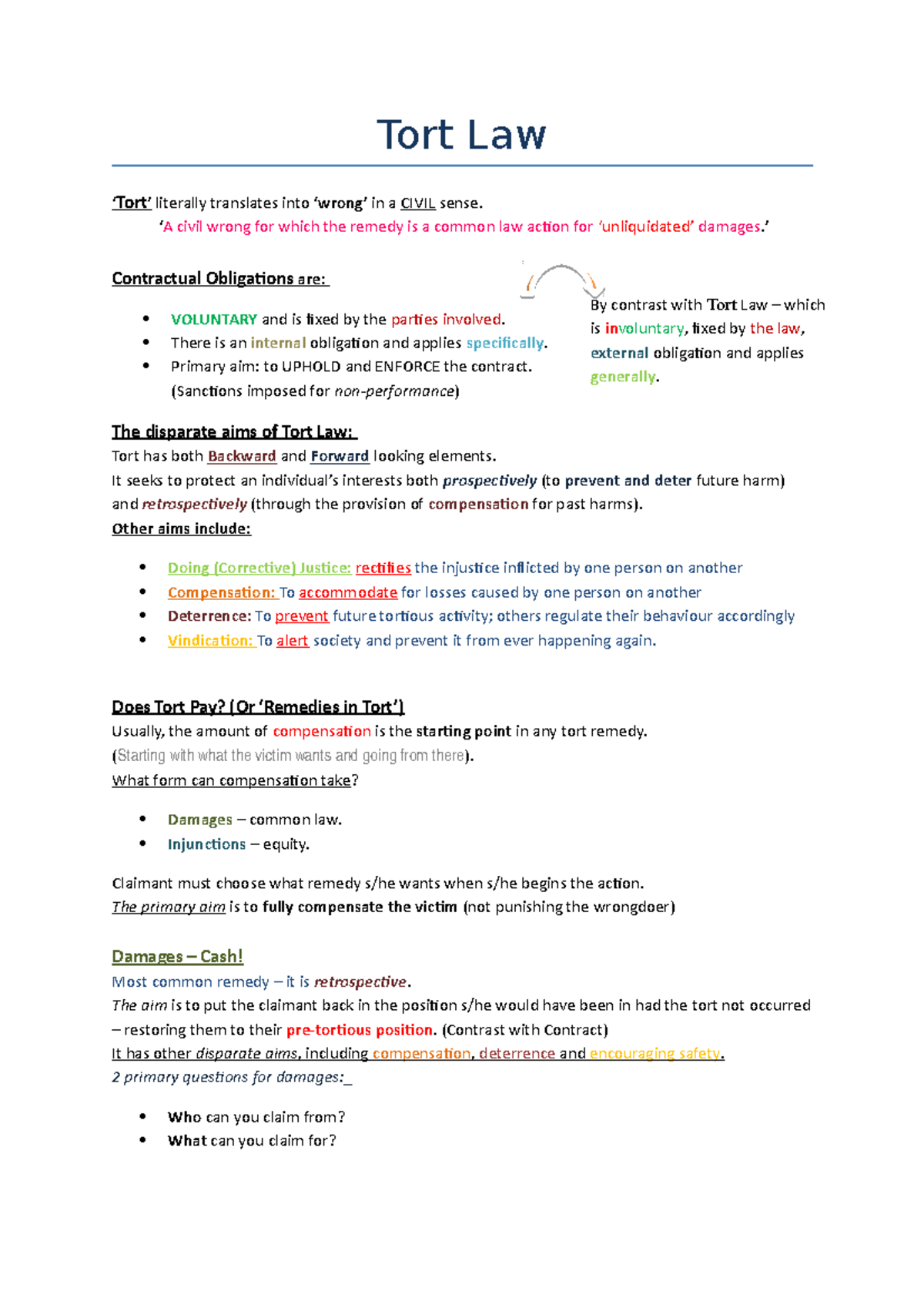 Tort Law Study Notes: Understanding Civil Wrongs and Remedies - Studocu