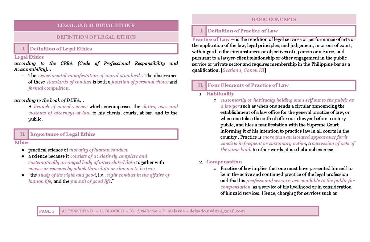 BASIC LEGAL AND JUDICIAL ETHICS I: Key Concepts and Definitions - Studocu