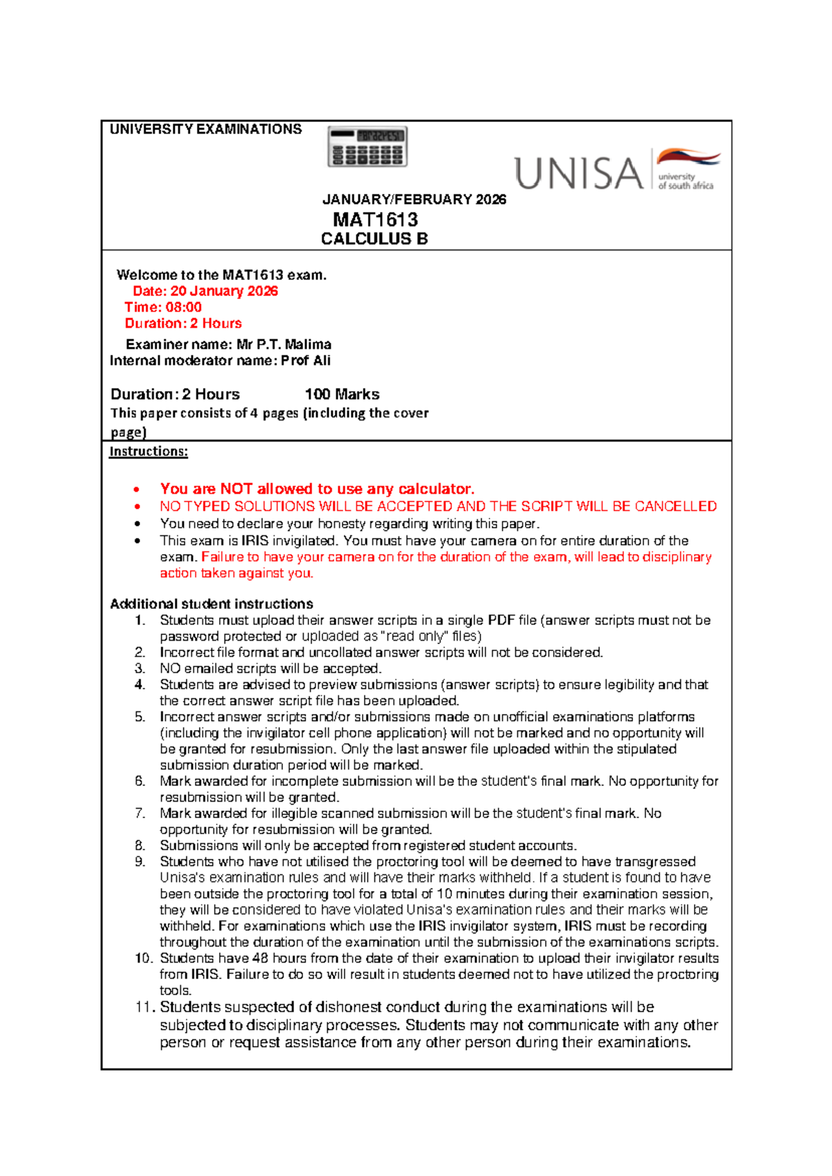 MAT1613 CALCULUS B Final Exam Instructions & Guidelines 2026 - Studocu