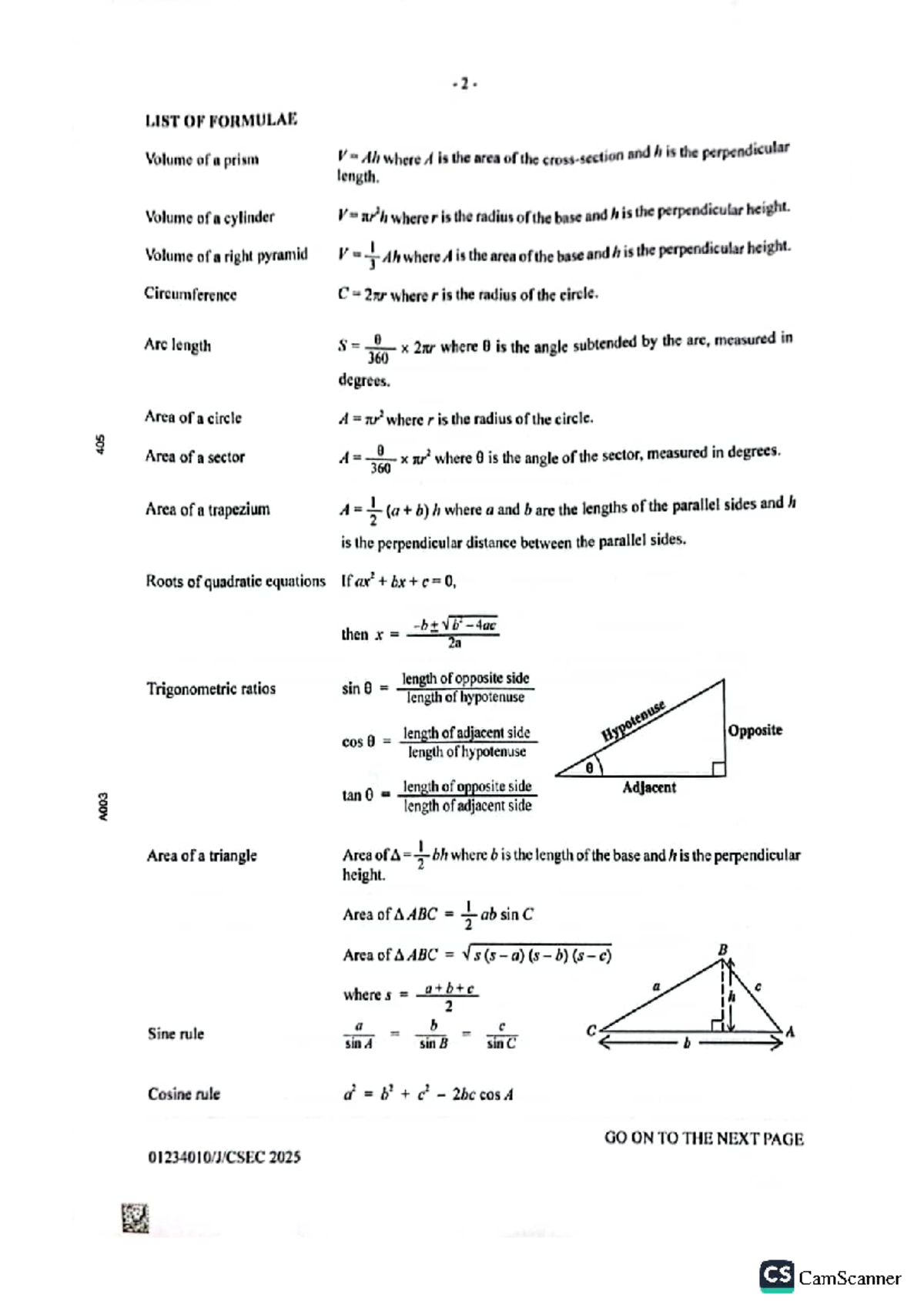CSEC Mathematics A003 January 2025 Exam Formulae and Problems - Studocu