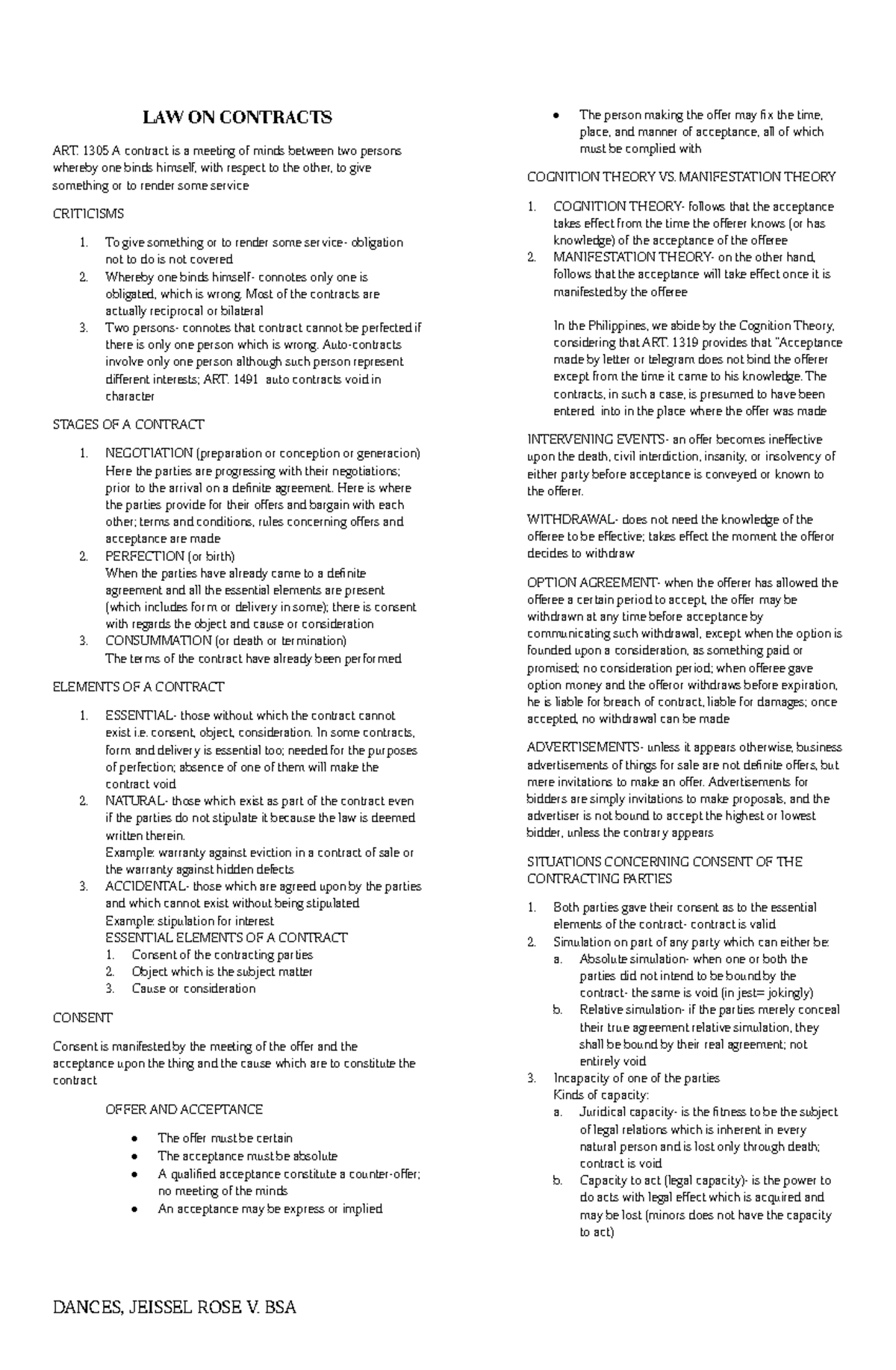 LAW ON CONTRACTS: Key Concepts and Stages (ART. 1305) - Studocu