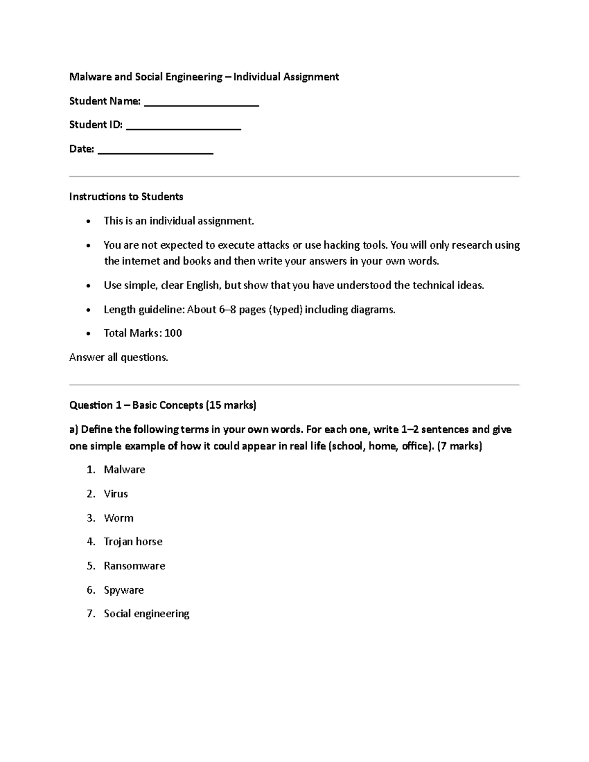 Malware & Social Engineering Individual Assignment (100 Marks) - Studocu