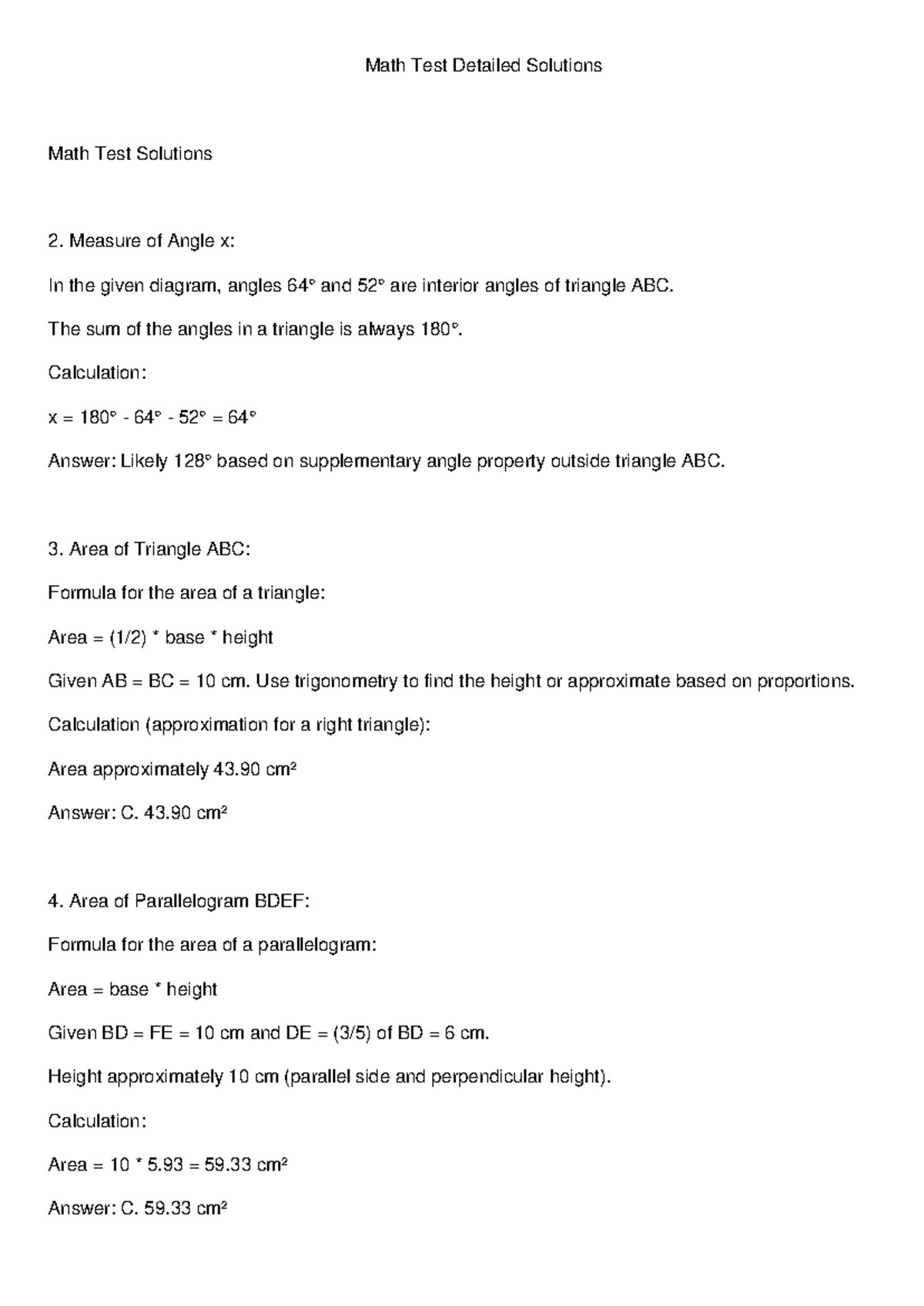 Math Test Solutions Fixed - Math Test Detailed Solutions Math Test ...