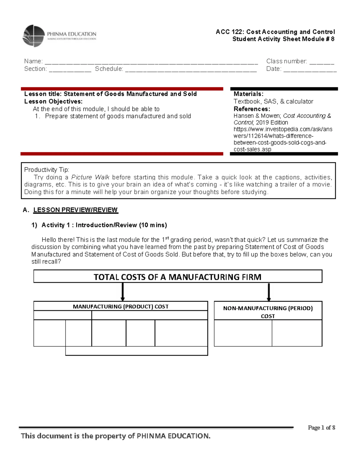 ACC 122: Cost Accounting and Control - Module 7 Activity Sheet - Studocu