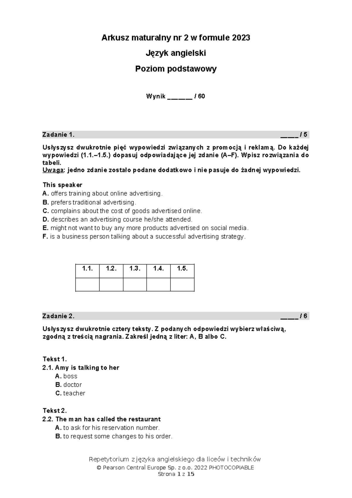 Arkusz Maturalny z Języka Angielskiego – Poziom Podstawowy nr 2 - Document Preview