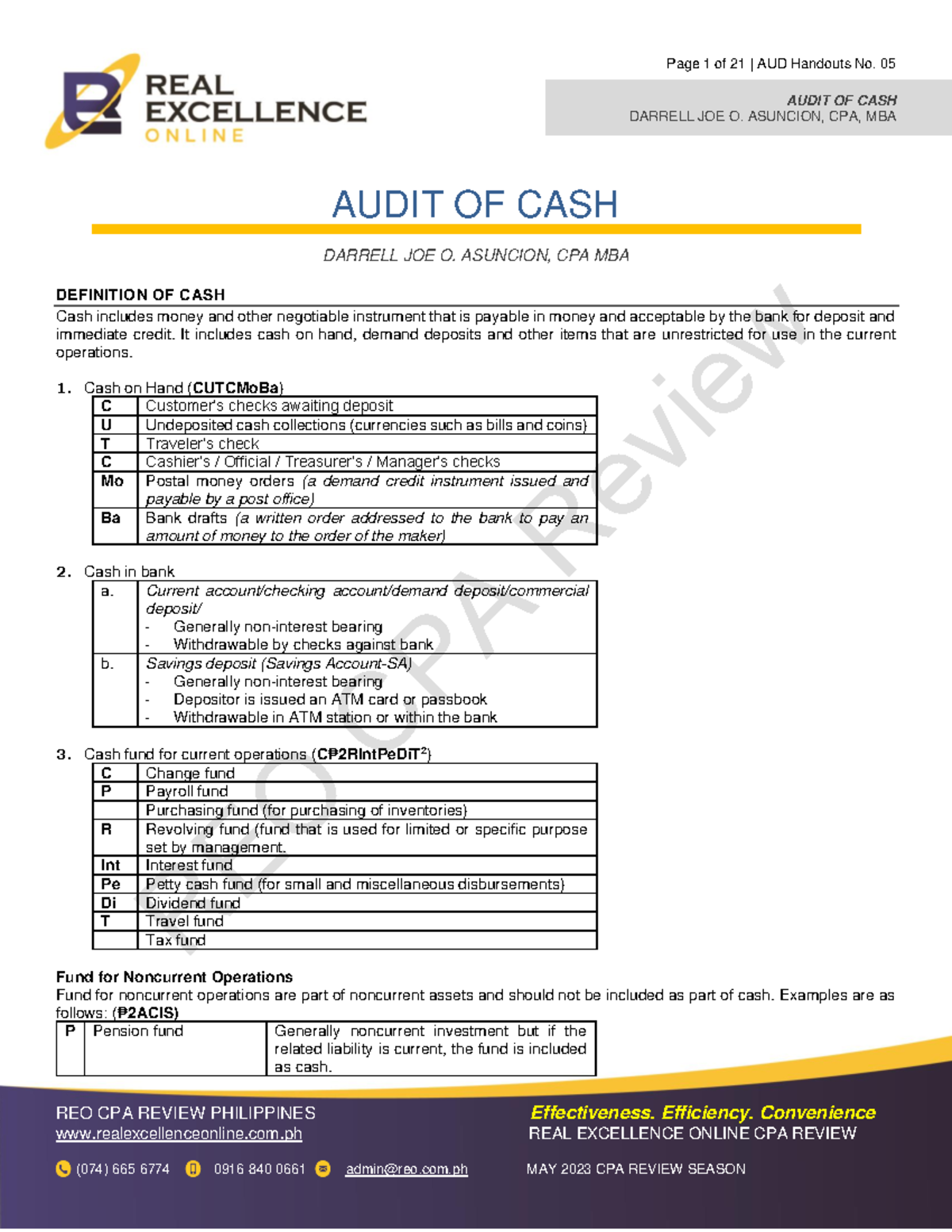 REO CPA Review: Audit of Cash Concepts and Adjustments - Studocu