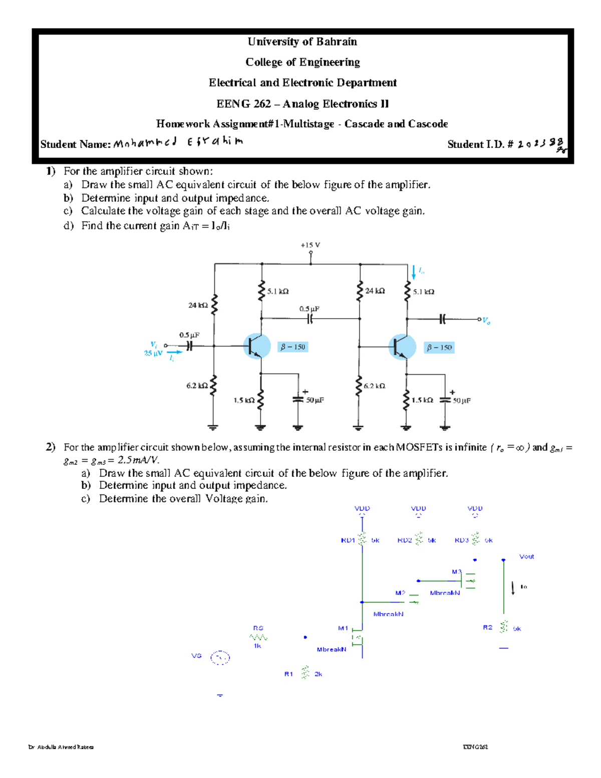 EENG 262 Analog Electronics II Homework Assignment #1 - Mohammed ...