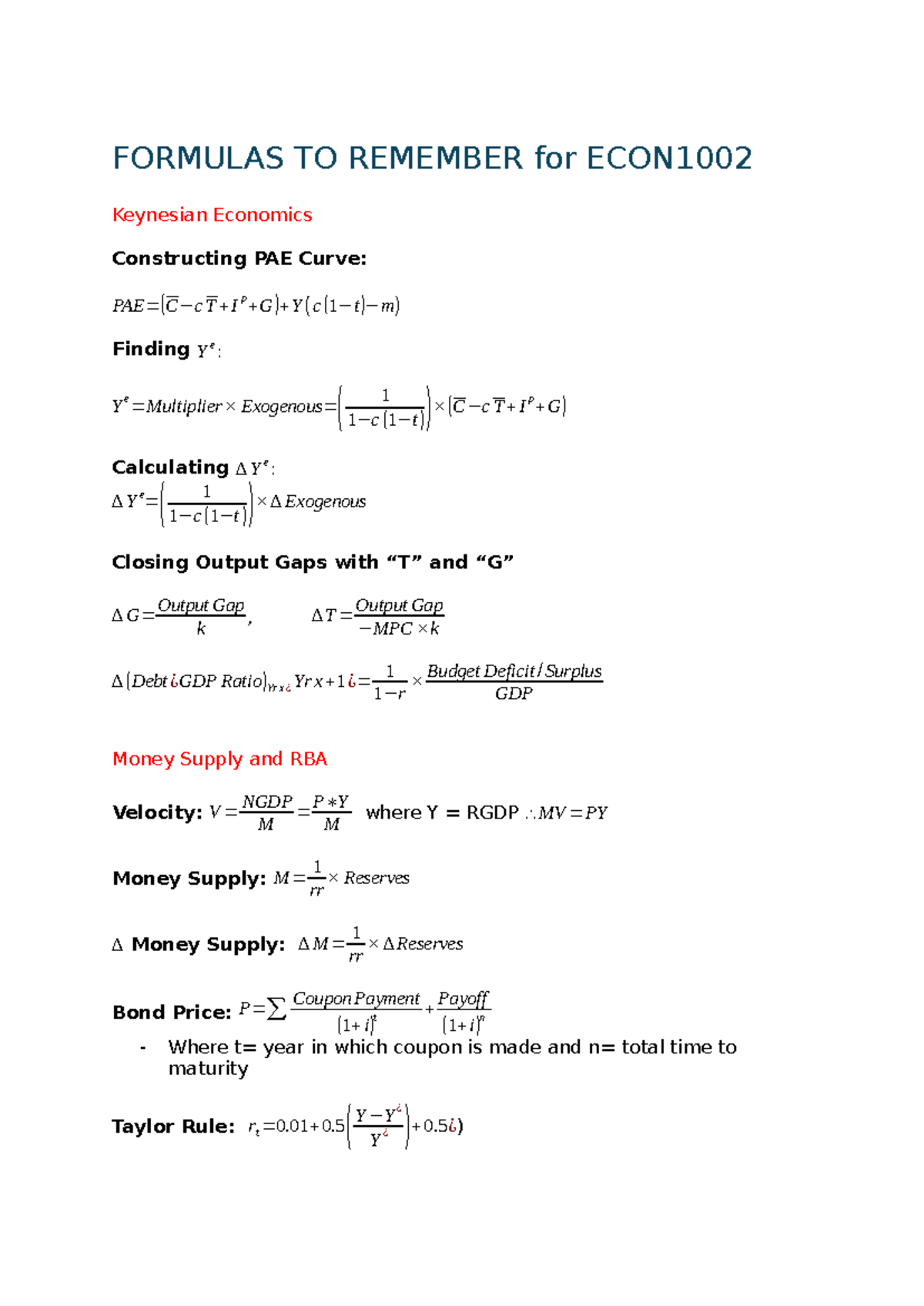 Essential Formulas for ECON1002: Key Concepts and Calculations - Studocu