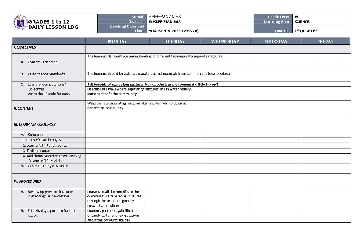 DLL Filipino 6 Q1 W8 - Daily Lesson Log for August 2025 - Studocu