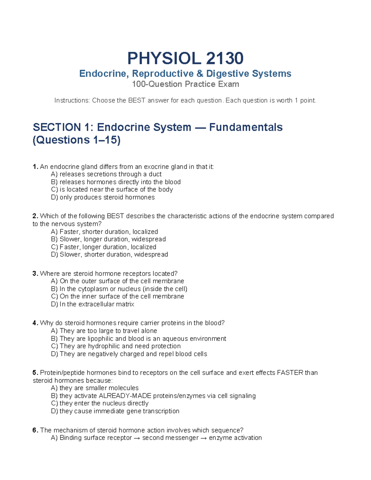 PHYSIOL 2130 Endocrine System Practice Exam Questions and Answers - Studocu