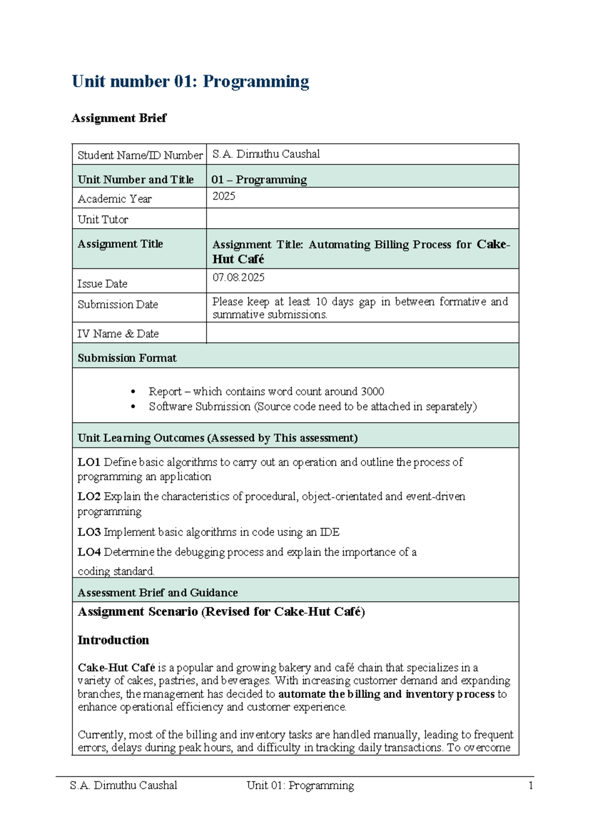 Unit 01: Programming Assignment - Automating Billing for Hut Café - Studocu