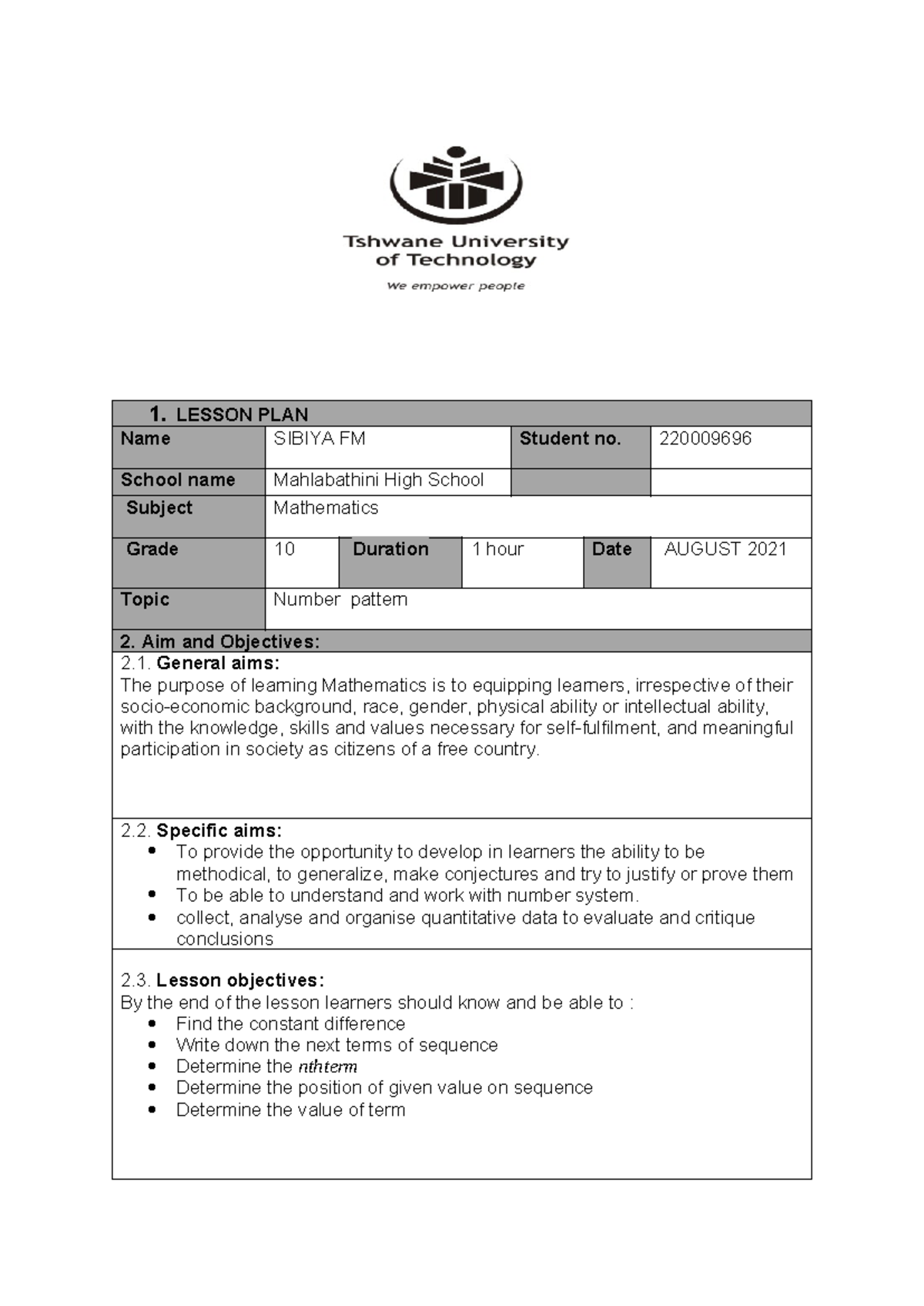 Grade 10 Mathematics Lesson Plan: Number Patterns (AUG 2021) - Studocu