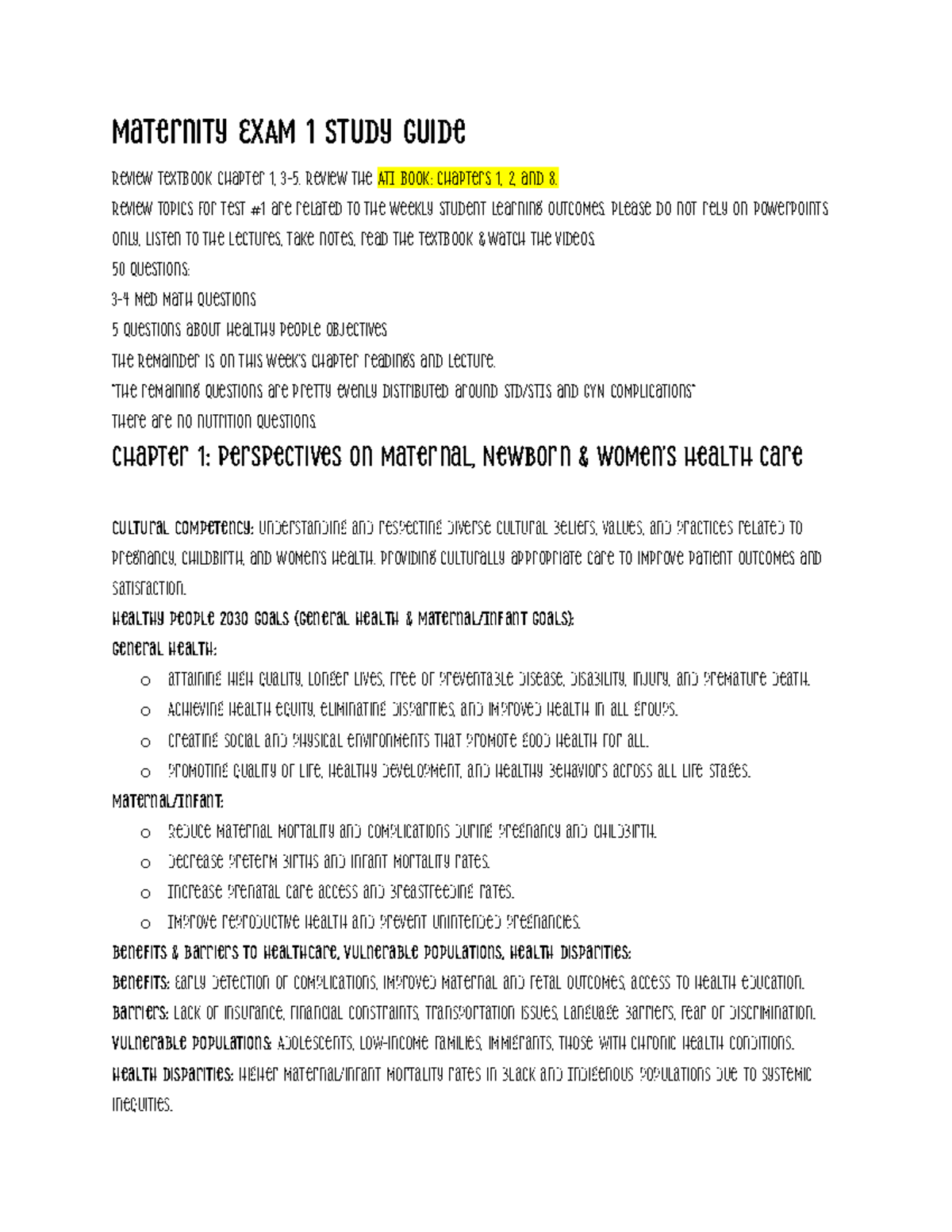 Maternity NURS 226 Exam 1 Study Guide: Key Concepts & Topics - Studocu