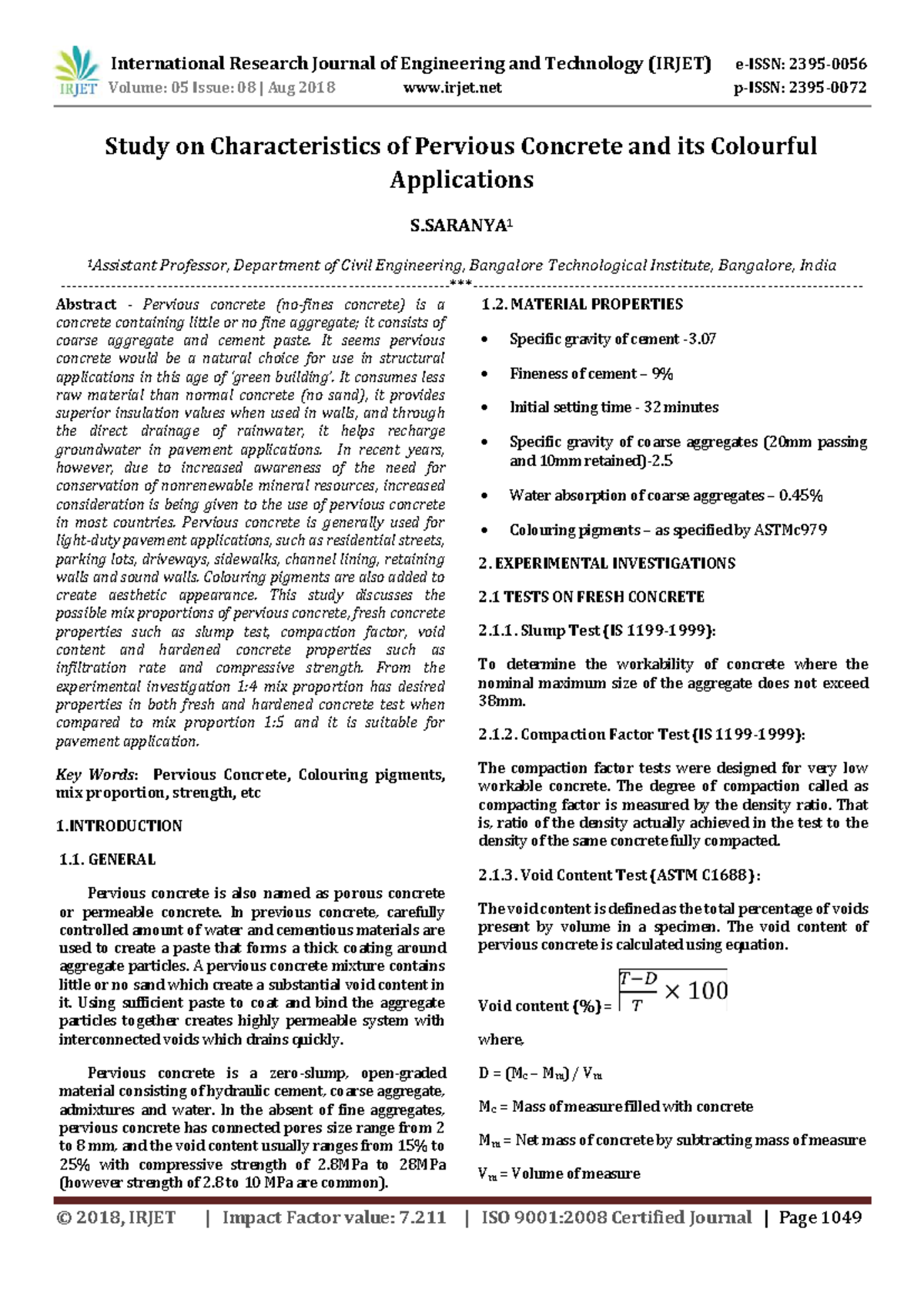 IRJET V5I8181 - Study on Pervious Concrete Characteristics and ...