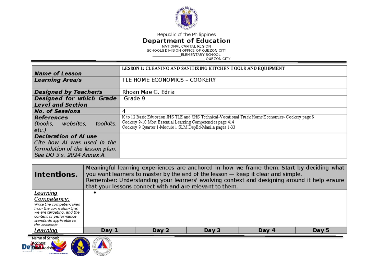TLE 9 Lesson Plan: Cleaning & Sanitizing Kitchen Tools - Studocu