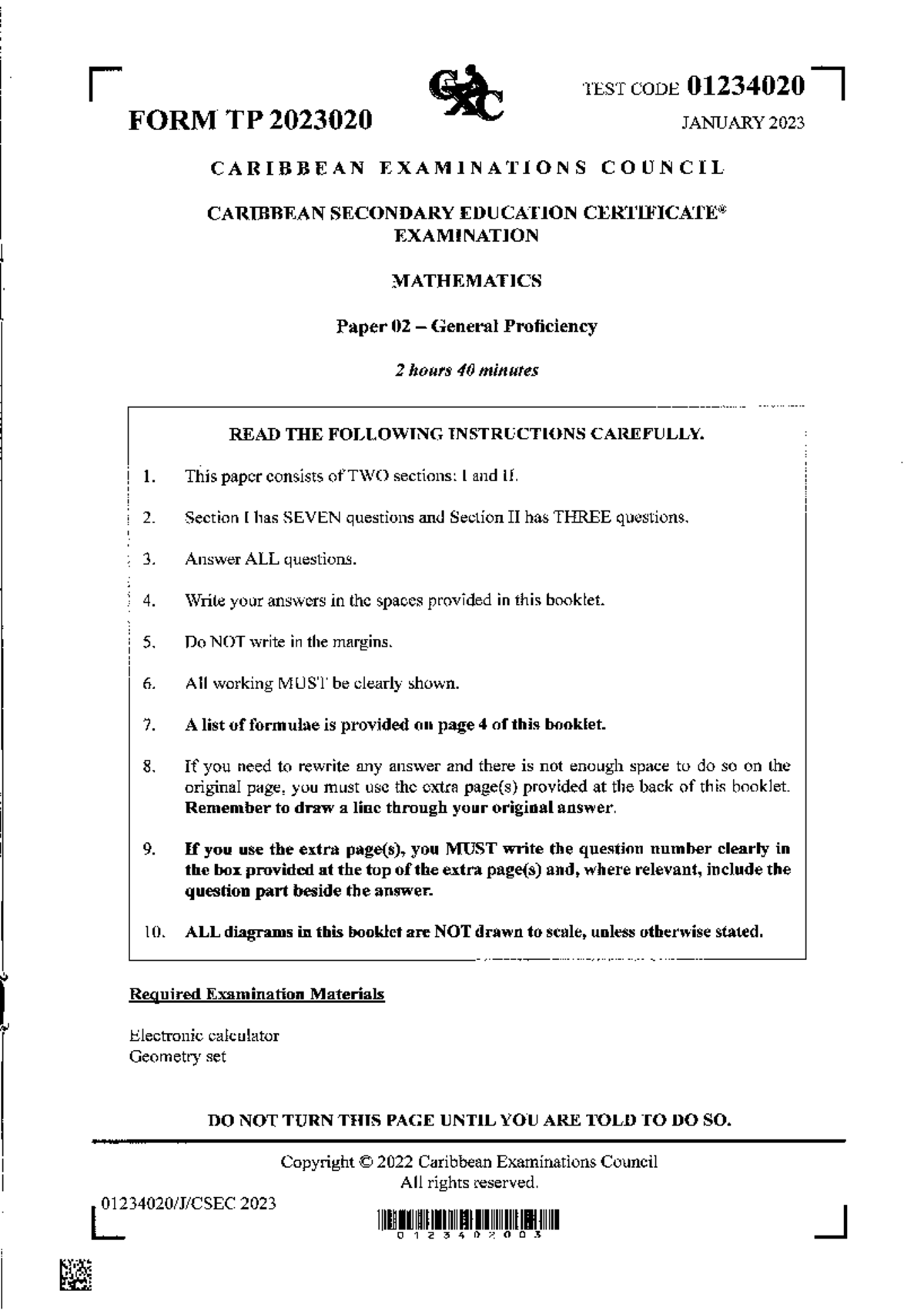 January 2023 P2 - PAST PAPER - TEST CODE 01234020 FORM TP 2023020 ...