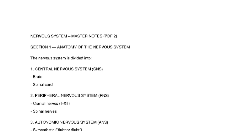 PDF 2 Nervous System - Summaries - NERVOUS SYSTEM – MASTER NOTES (PDF 2 ...