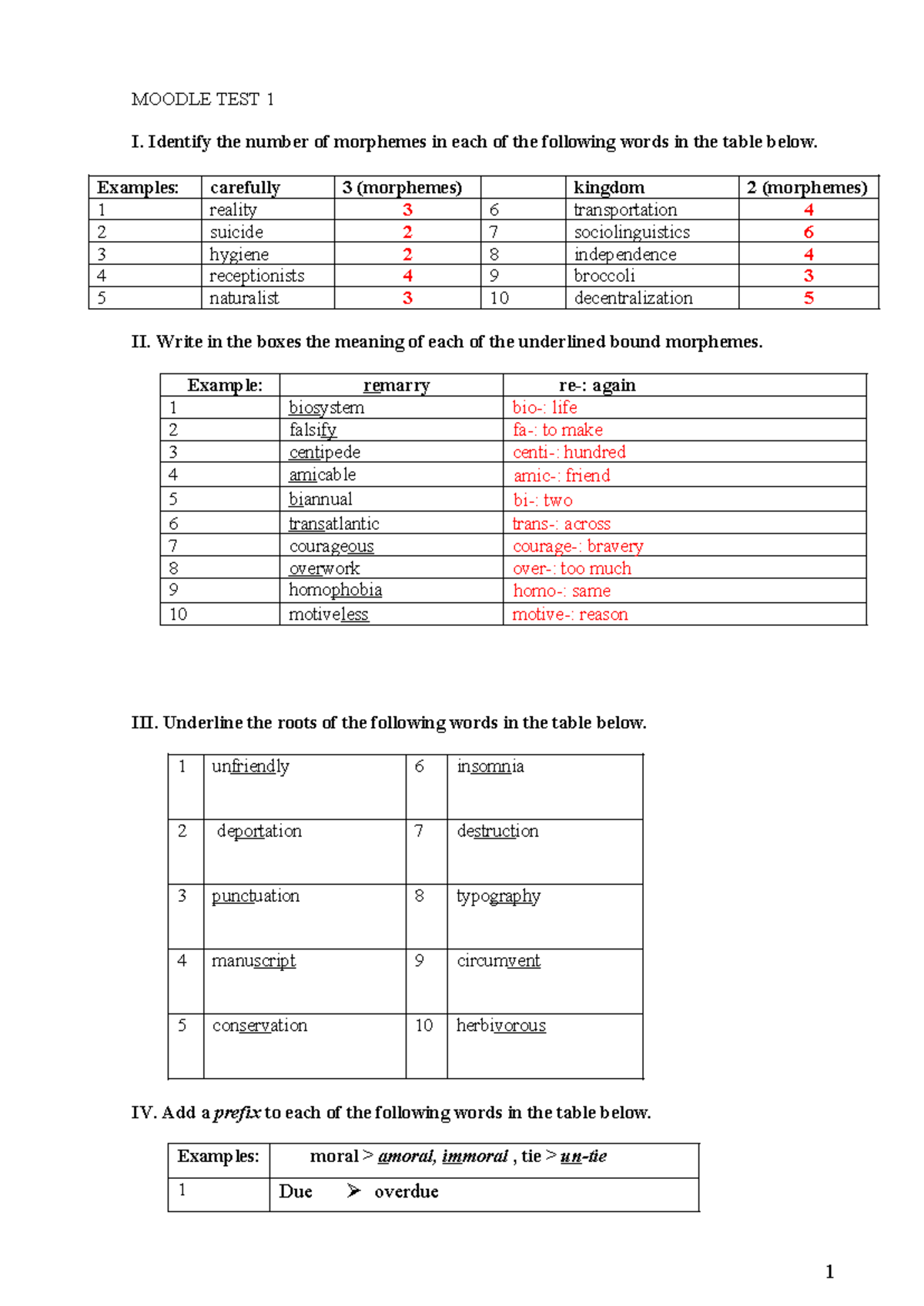 Moodle Test 1: Morphology Analysis and Exercises - Studocu
