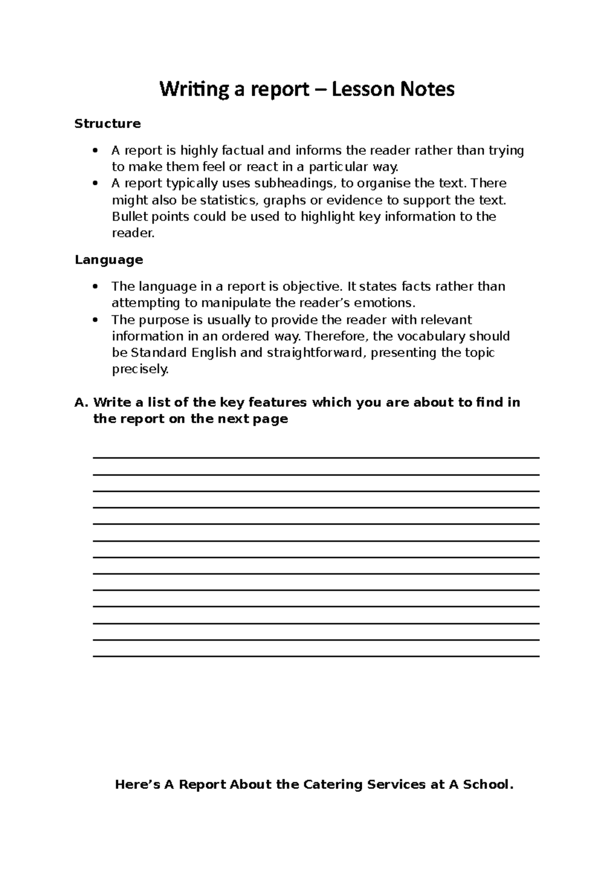 Writing a Report: Lesson Notes and Key Features Guide - Studocu