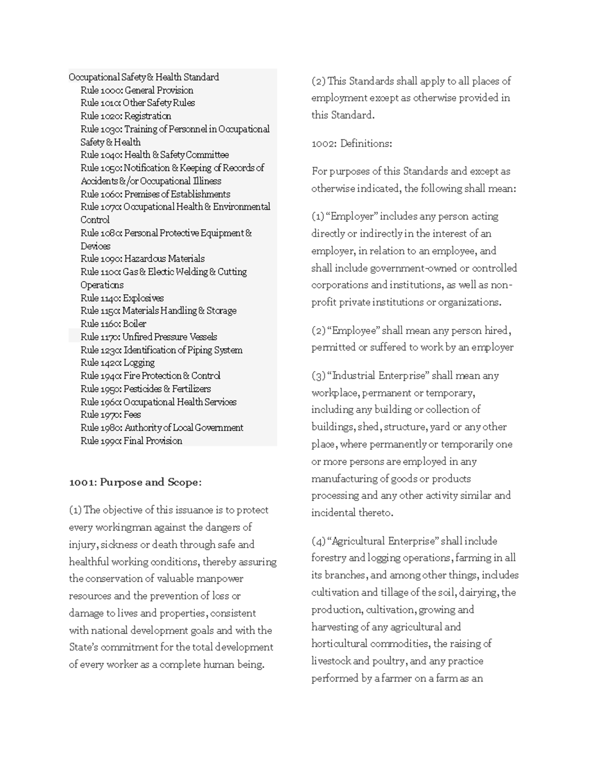 Occupational Safety & Health Standards Overview (OSH 1000-1990) - Studocu