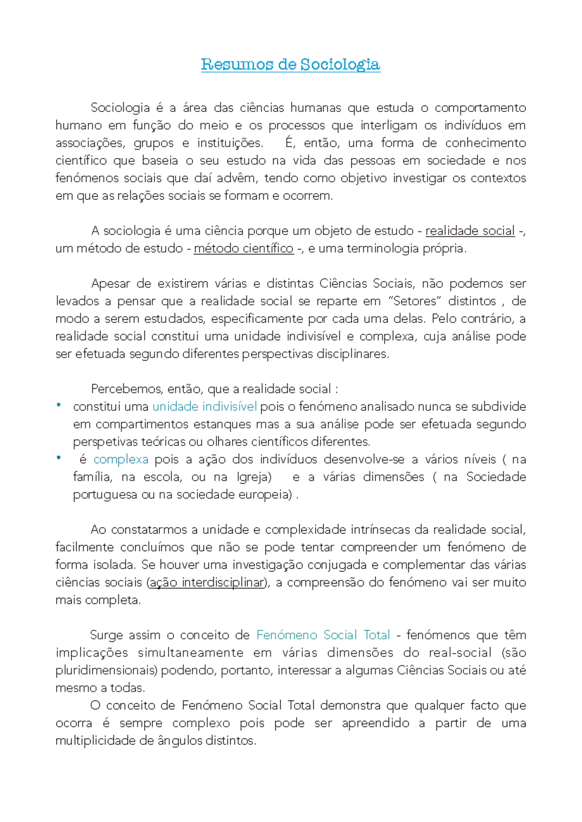 Resumos de Sociologia - Primeira Parte: Fundamentos e Teóricos - Studocu