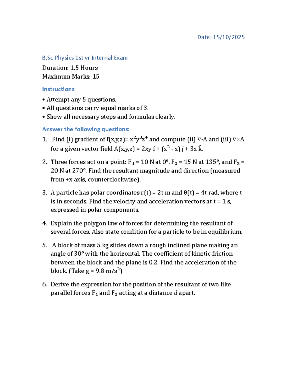 B.Sc Physics 1st Yr Internal Exam Questions and Solutions - Studocu