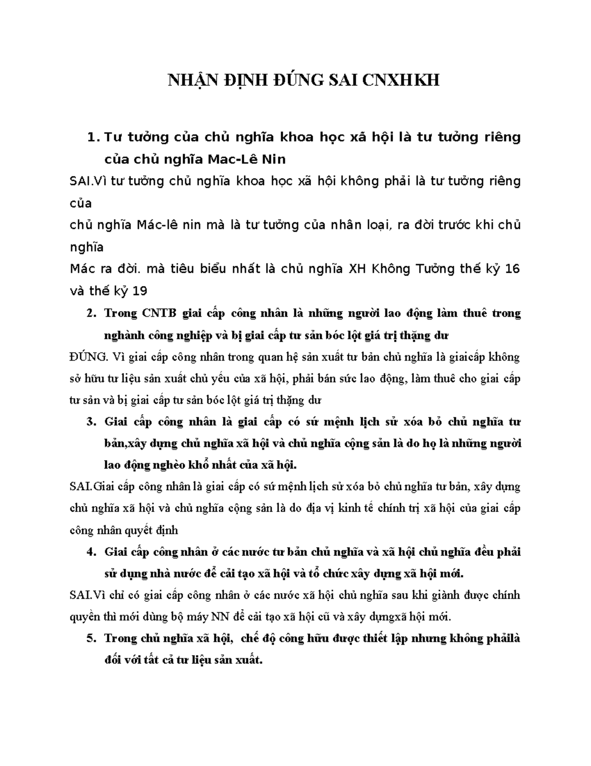 Nhận Định Đúng Sai CNXHKH: Đánh Giá Các Quan Điểm Về Giai Cấp Công Nhân - Document Preview