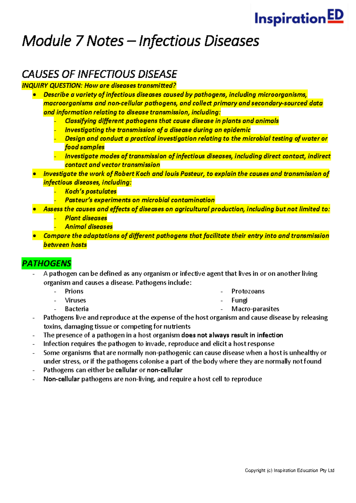 BIO Module 7 Notes 1 - Module 7 Notes – Infectious Diseases CAUSES OF ...