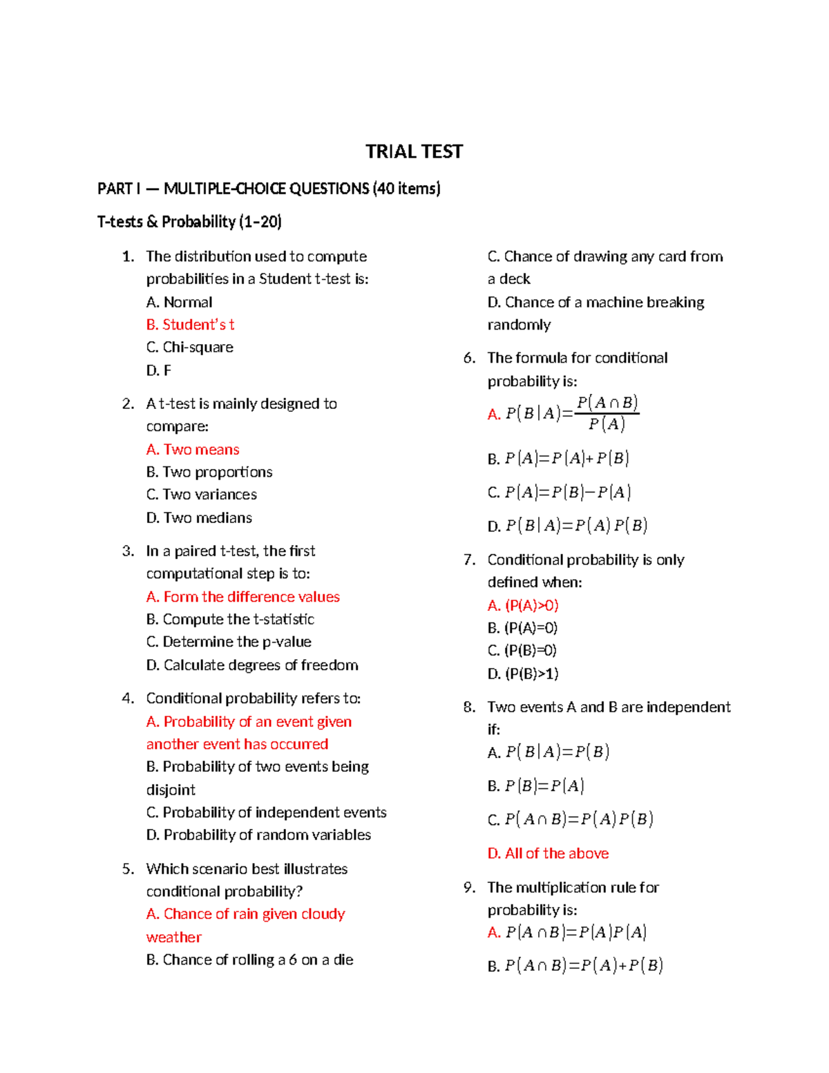ENGR 1234 Probability & Statistics: Trial Test Part I Questions - Studocu
